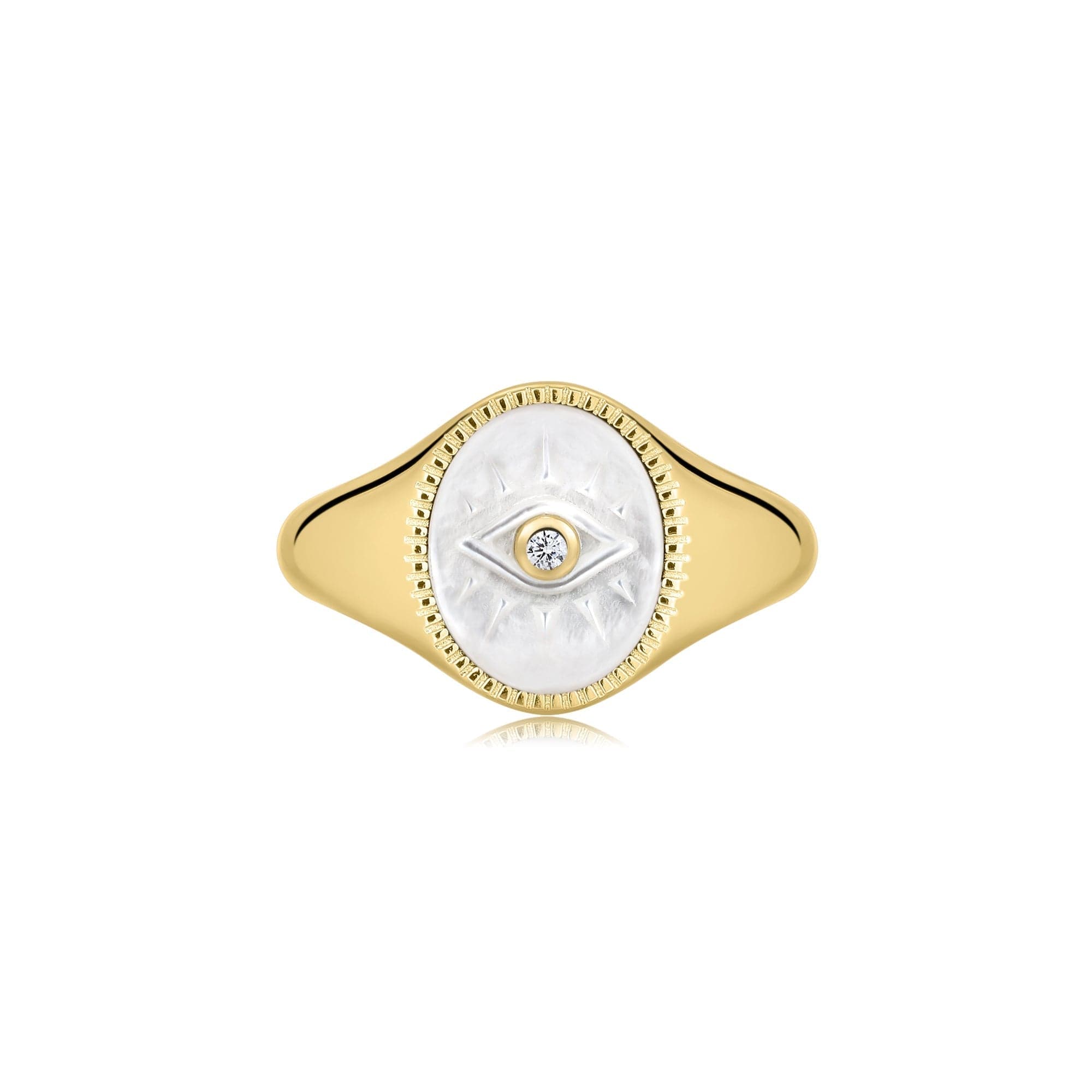 EVIL EYE SIGNET RING WITH MOP & CZ CENTER STONE