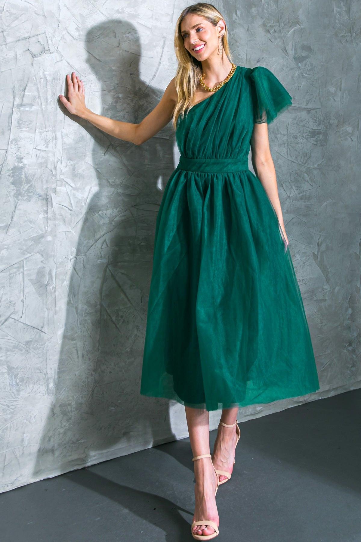 LIVELY CHARM TULLE MIDI DRESS.