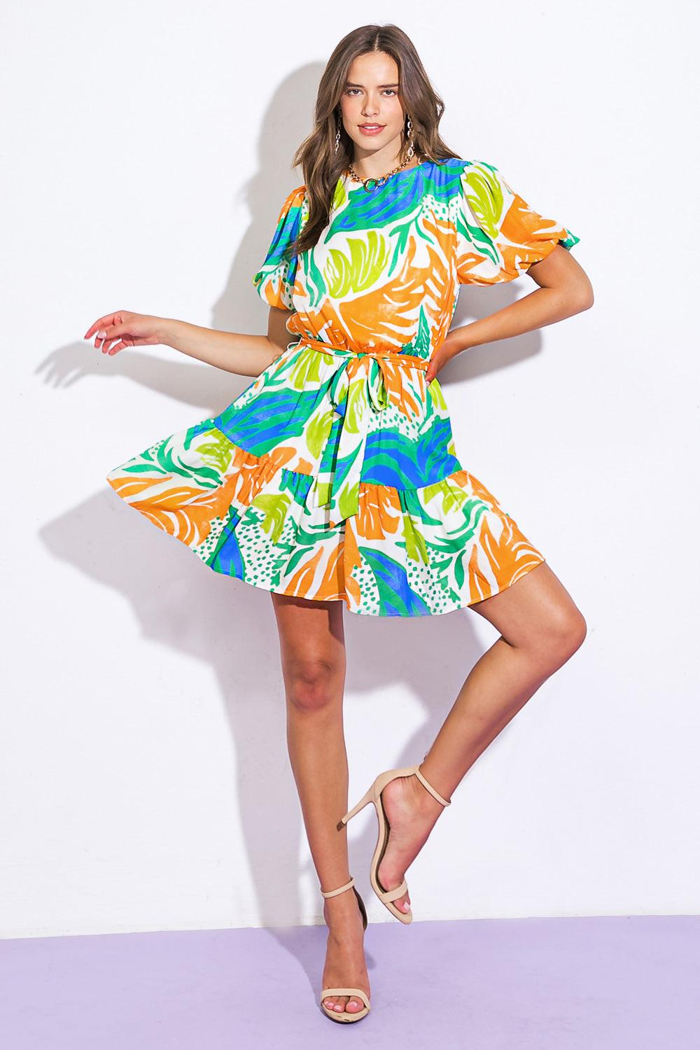 LISTEN TO THE MUSIC WOVEN MINI DRESS.