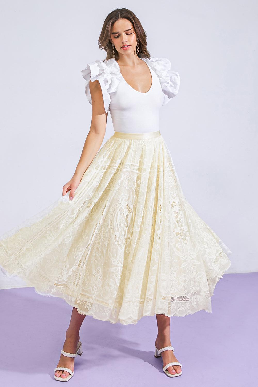 MEANINGFUL MOMENT WOVEN LACE MIDI SKIRT.