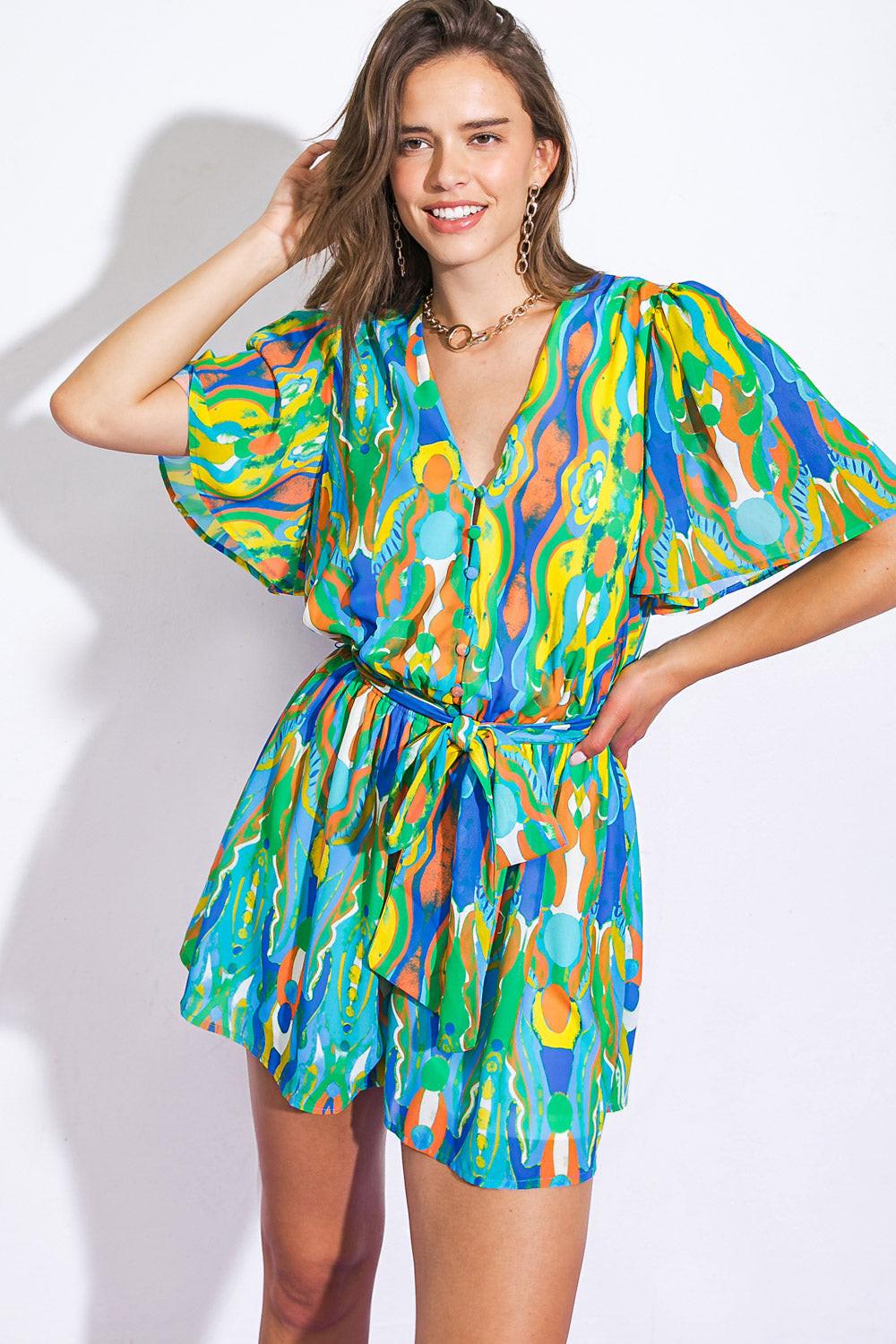 IN MY HAPPY PLACE WOVEN ROMPER.