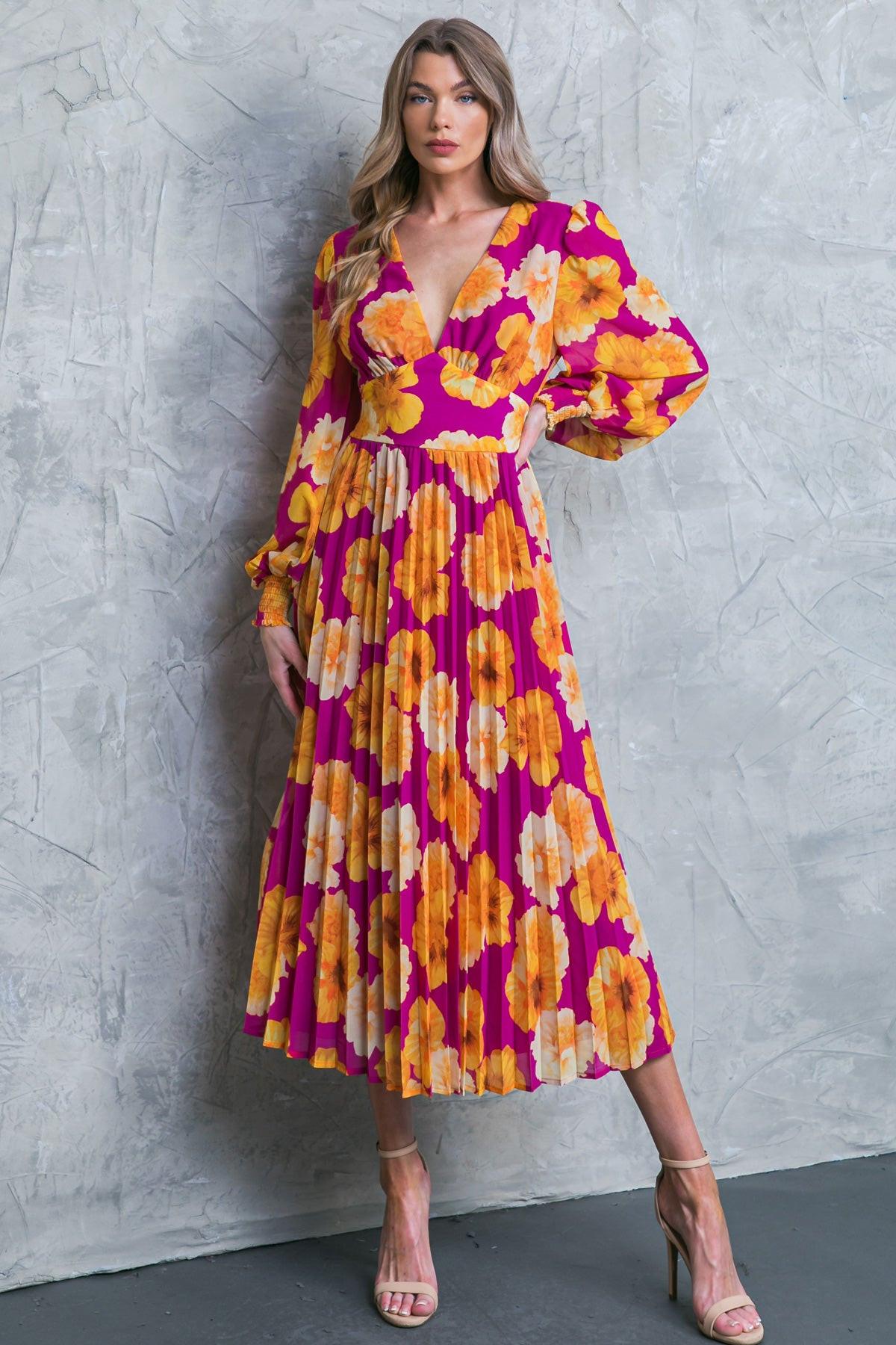 LOOK AT HER FLORAL WOVEN MIDI DRESS.