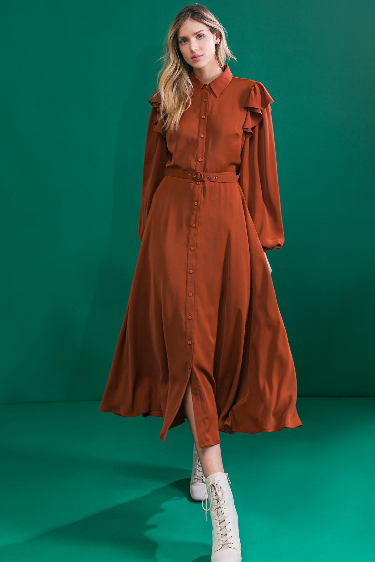 TIER ELEGANCE BROWN WOVEN MIDI DRESS.