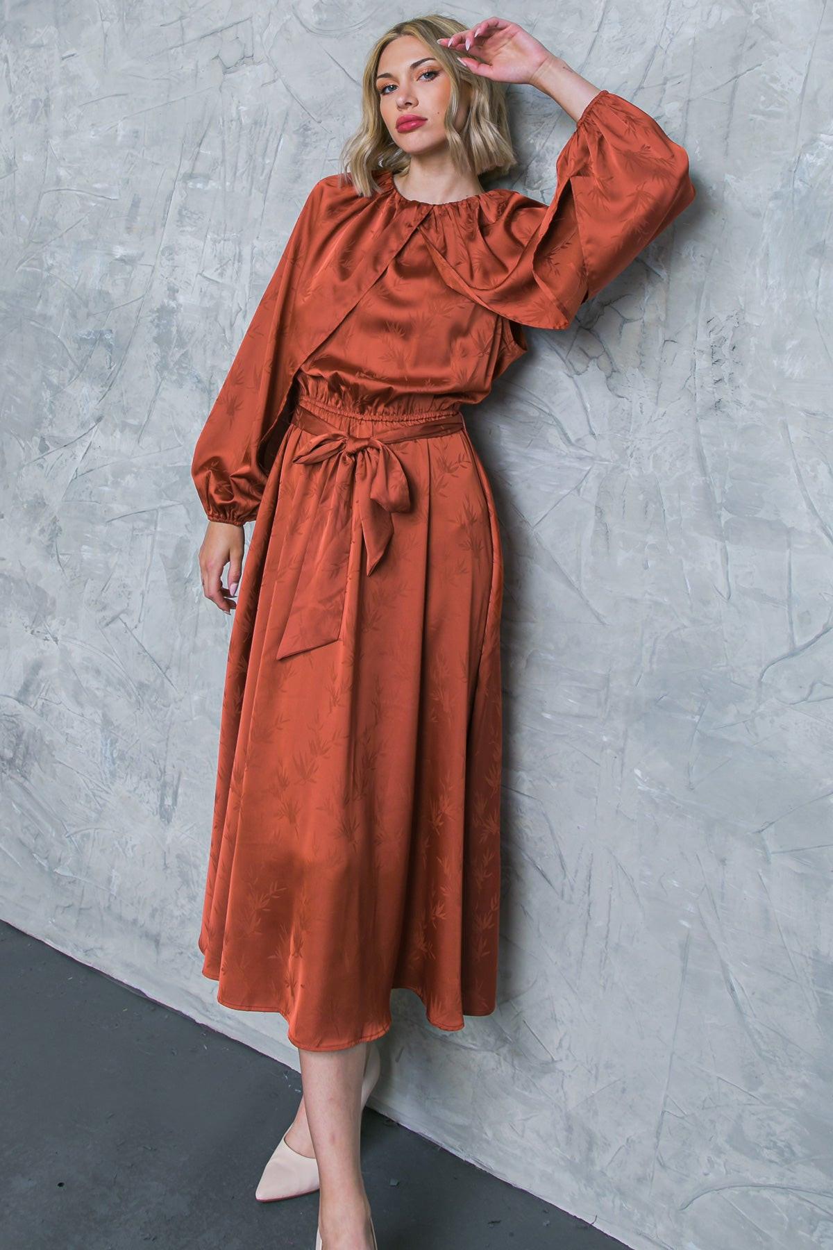 PROGRESS OVER PERFECTION SATIN MIDI DRESS.