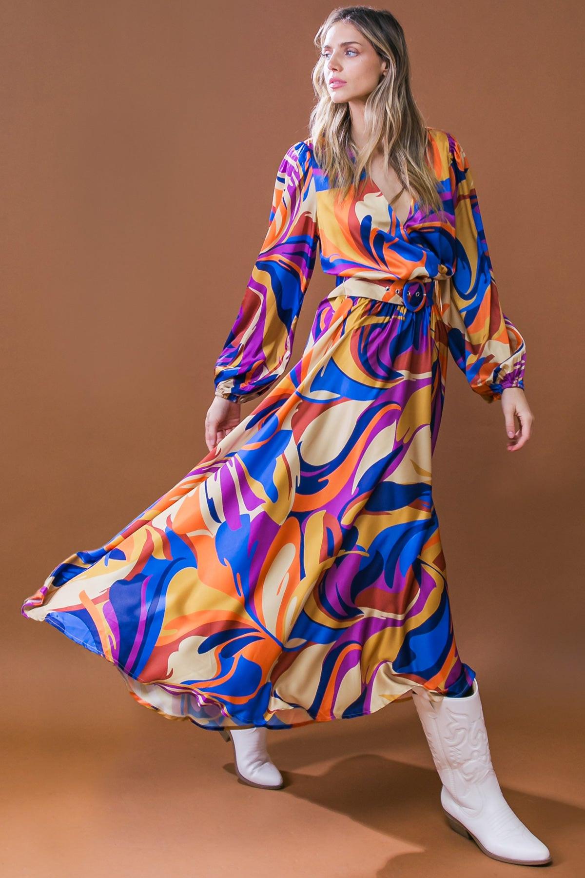 BOLD ADVENTURES WOVEN SATIN MIDI DRESS.