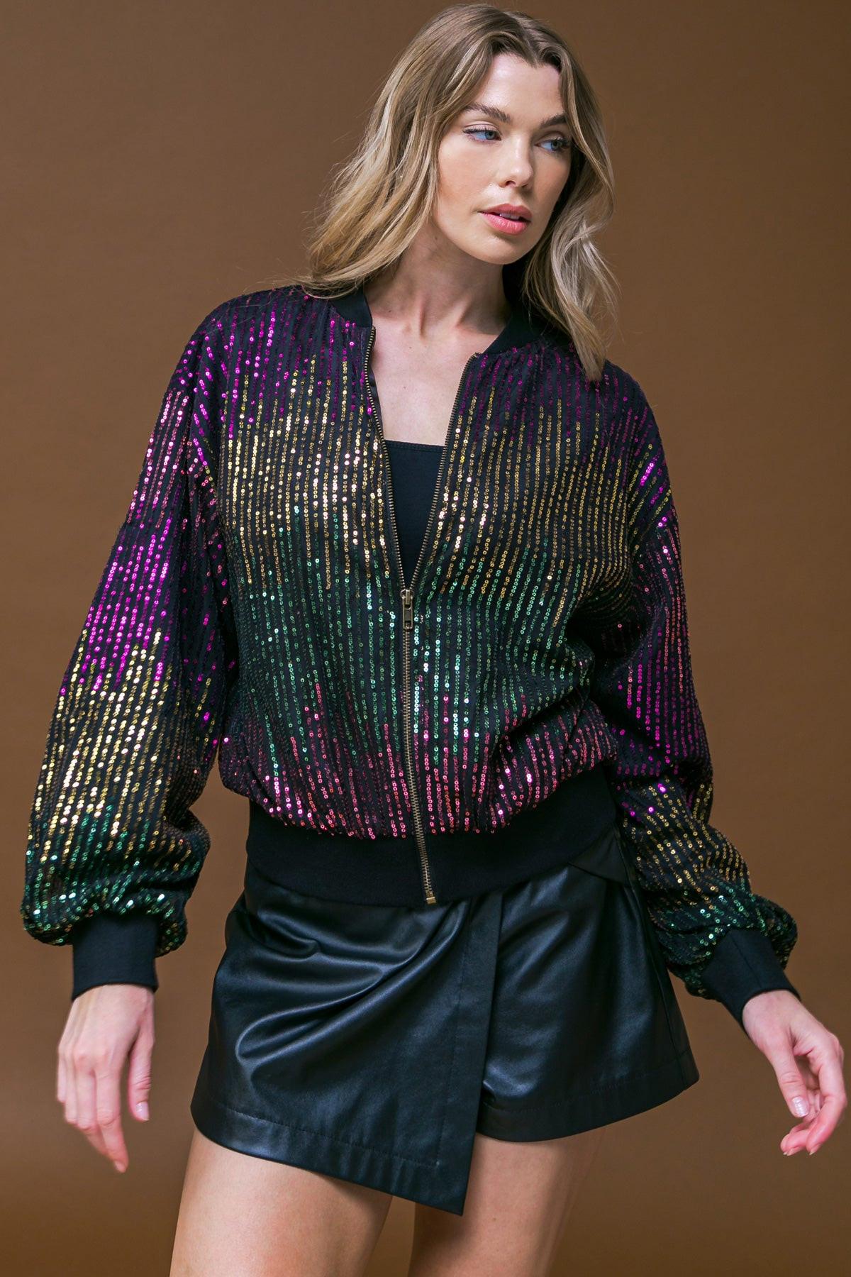 ENTERTAIN ME SEQUIN BOMBER JACKET.