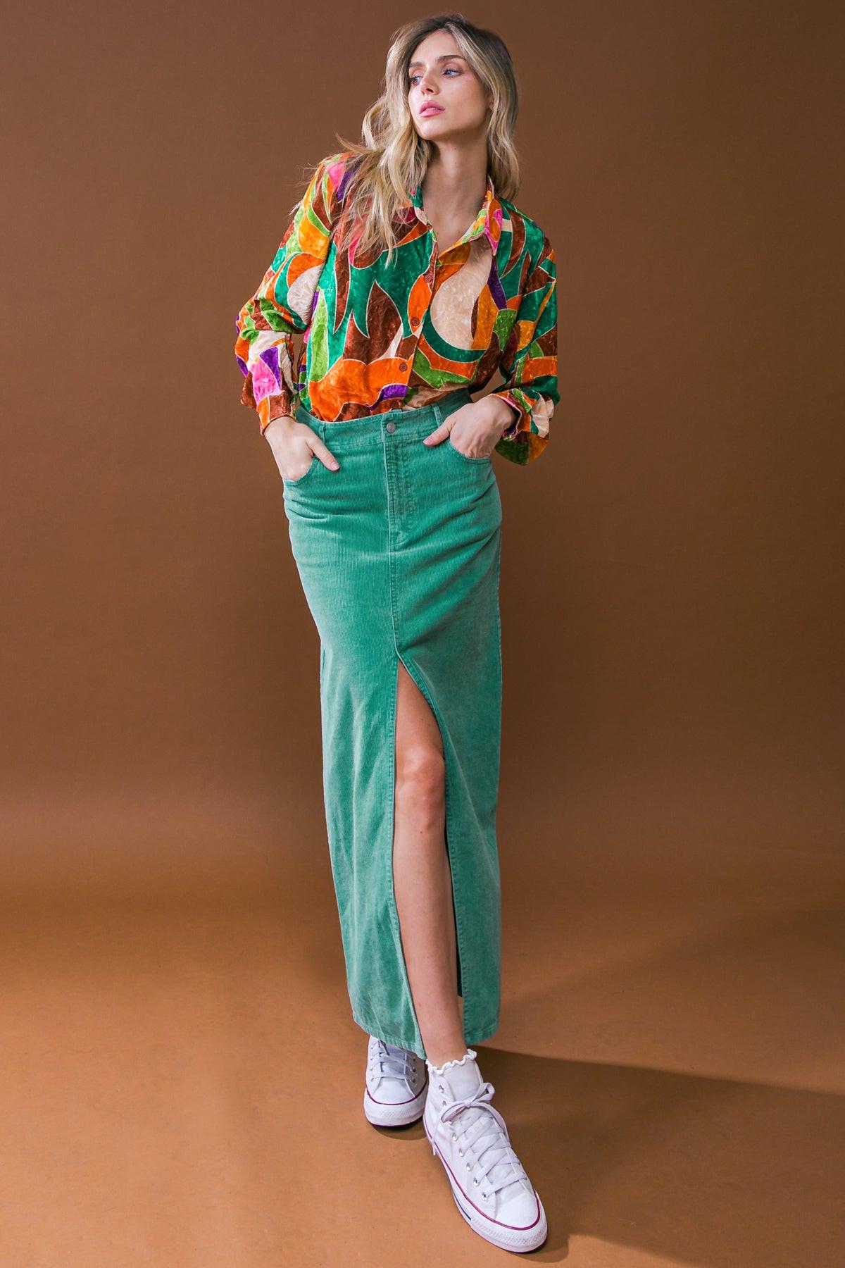 PERFECT PICK CORDUROY MIDI SKIRT.