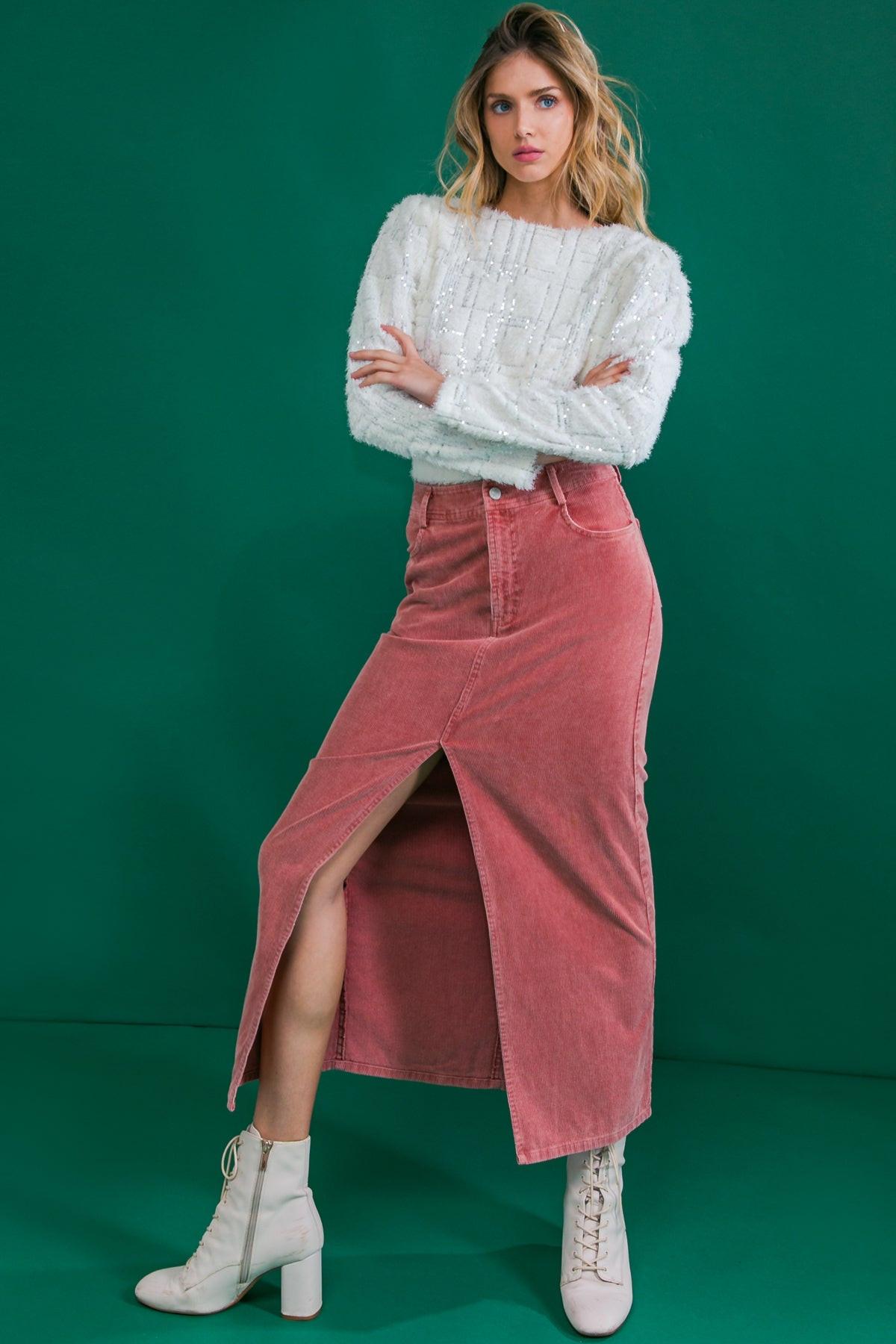 PERFECT PICK CORDUROY MIDI SKIRT.