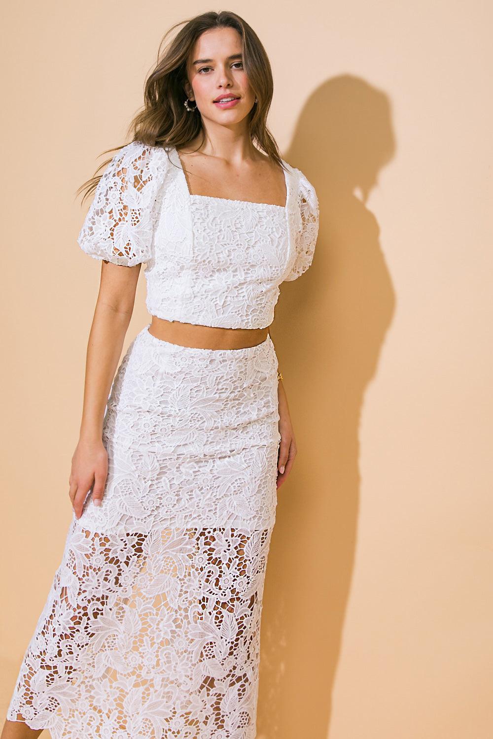 UNFORGETTABLE ICON WOVEN LACE TOP AND SKIRT SET.
