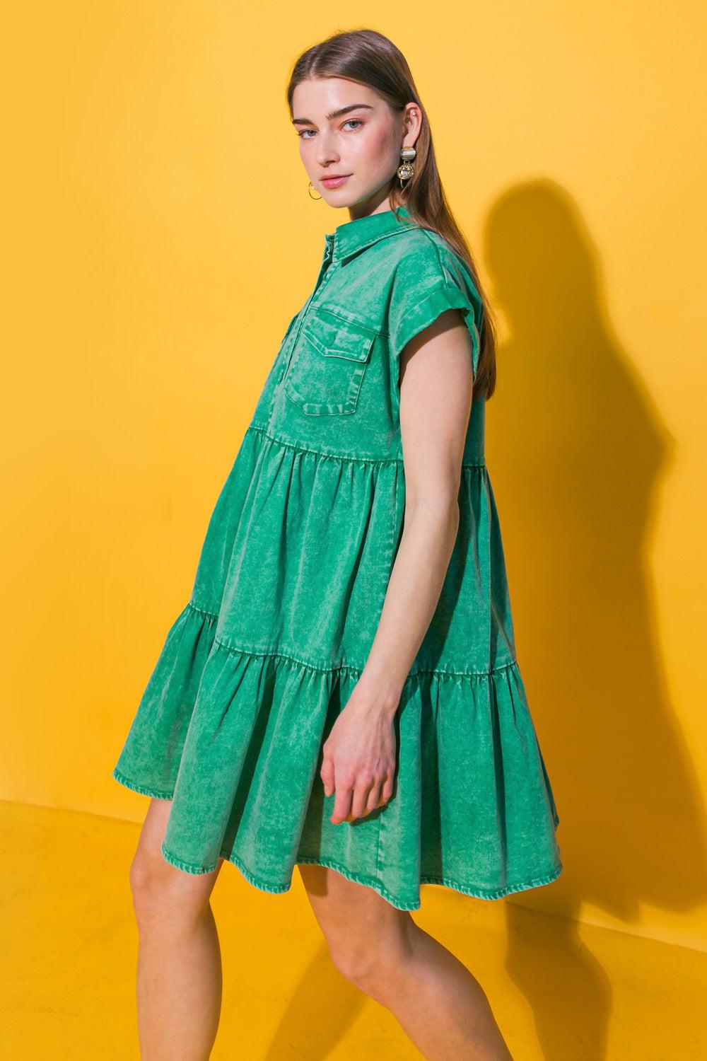 NO DULL MOMENTS DENIM MINI DRESS.