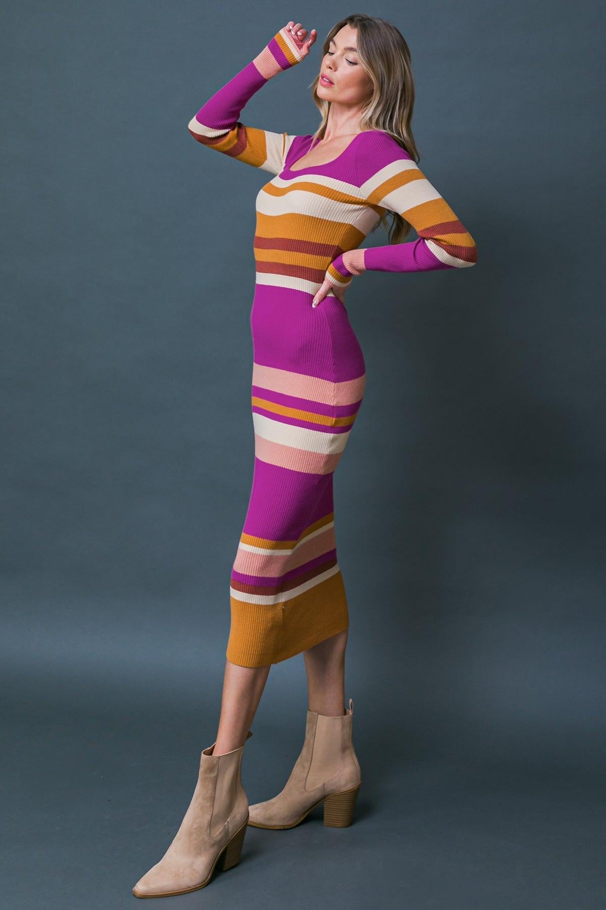 EVENING OF ELEGANCE SWEATER MIDI DRESS.