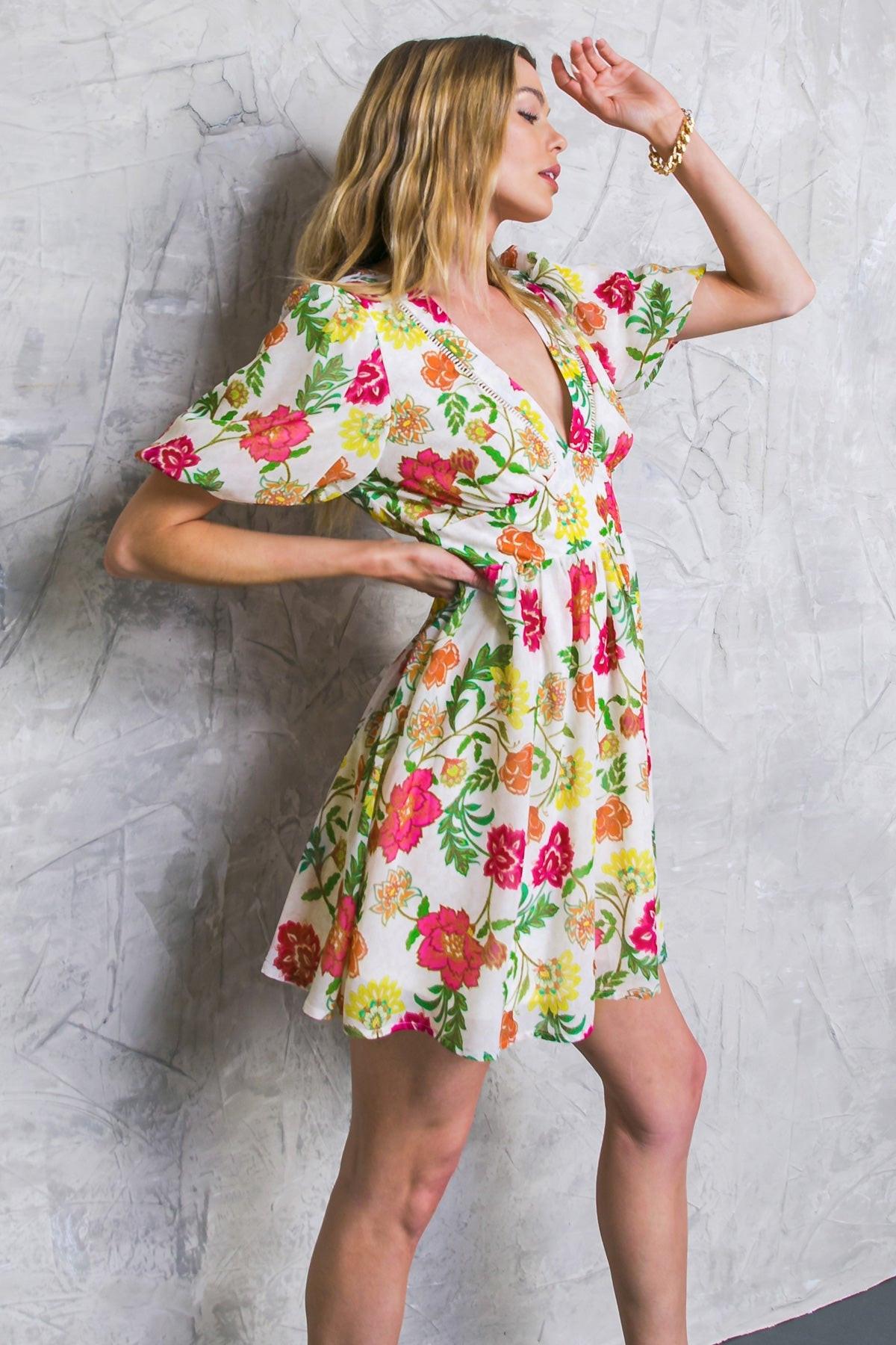 FREE ME TODAY FLORAL WOVEN MINI DRESS.