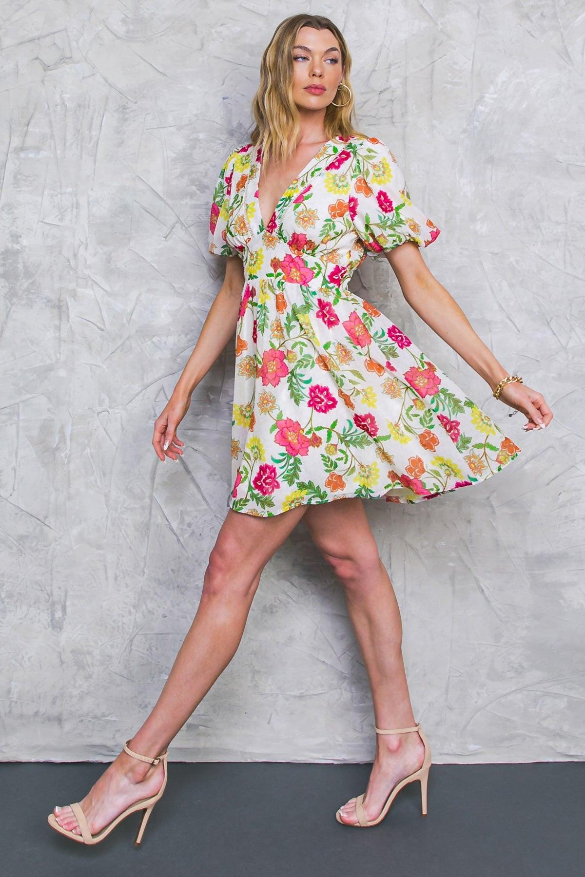 FREE ME TODAY FLORAL WOVEN MINI DRESS.