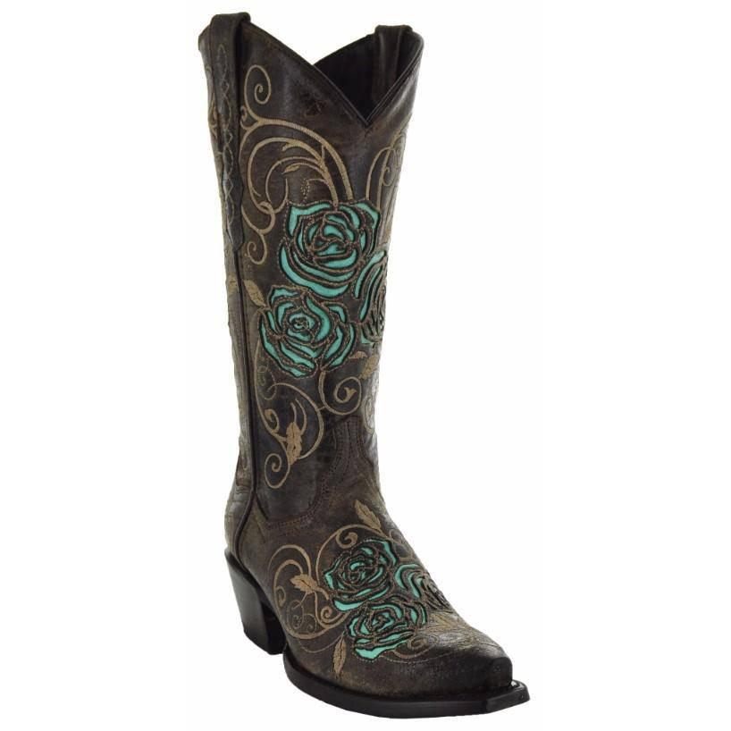 Turquoise Rose Inlayed Women's Cowgirl Boots (M50032).
