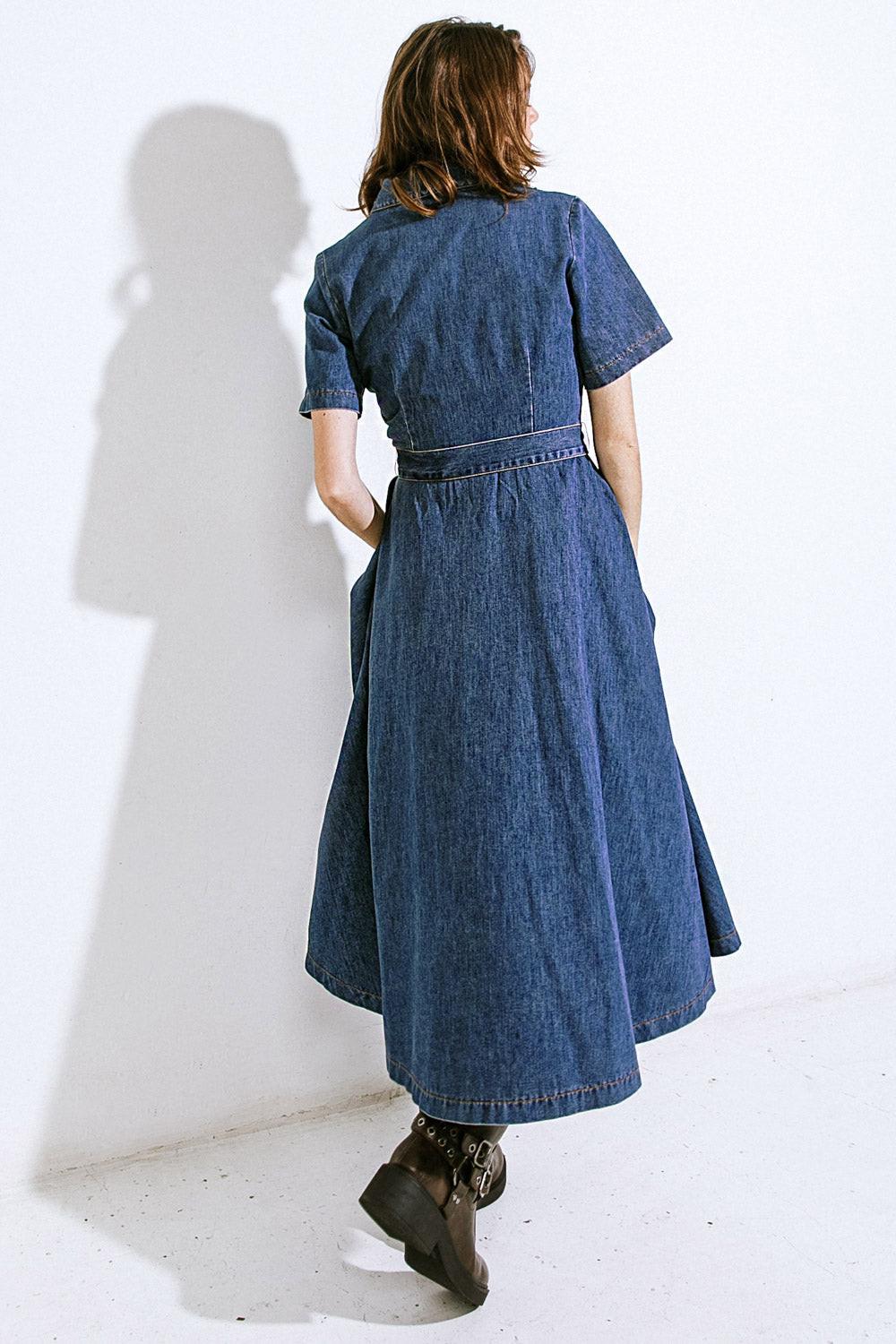 DAY IN THE LIFE DENIM MIDI DRESS.