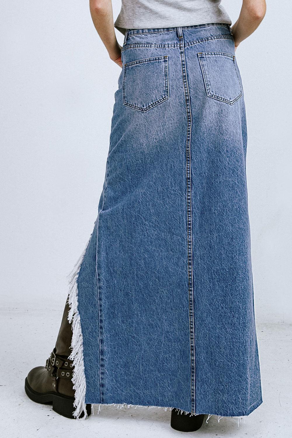 A DISTANT MEMORY DENIM MIDI SKIRT.