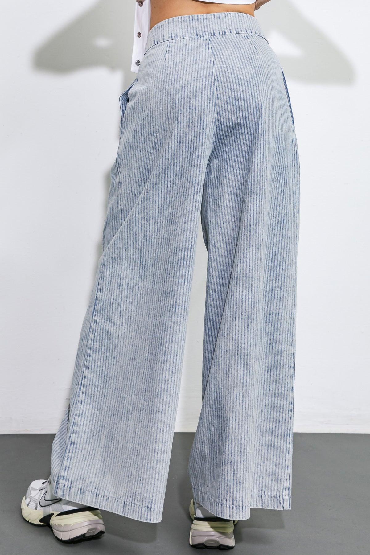 PLAY MY WAY STRIPED DENIM PANTS.