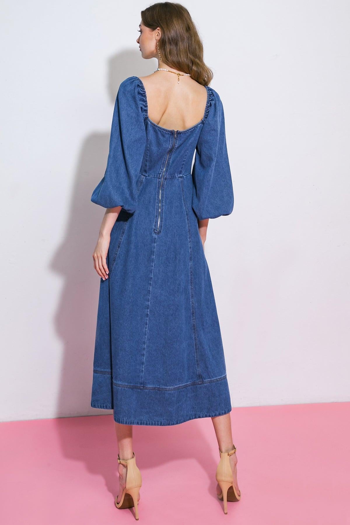 FEELIN'S GROOVY DENIM MIDI DRESS.