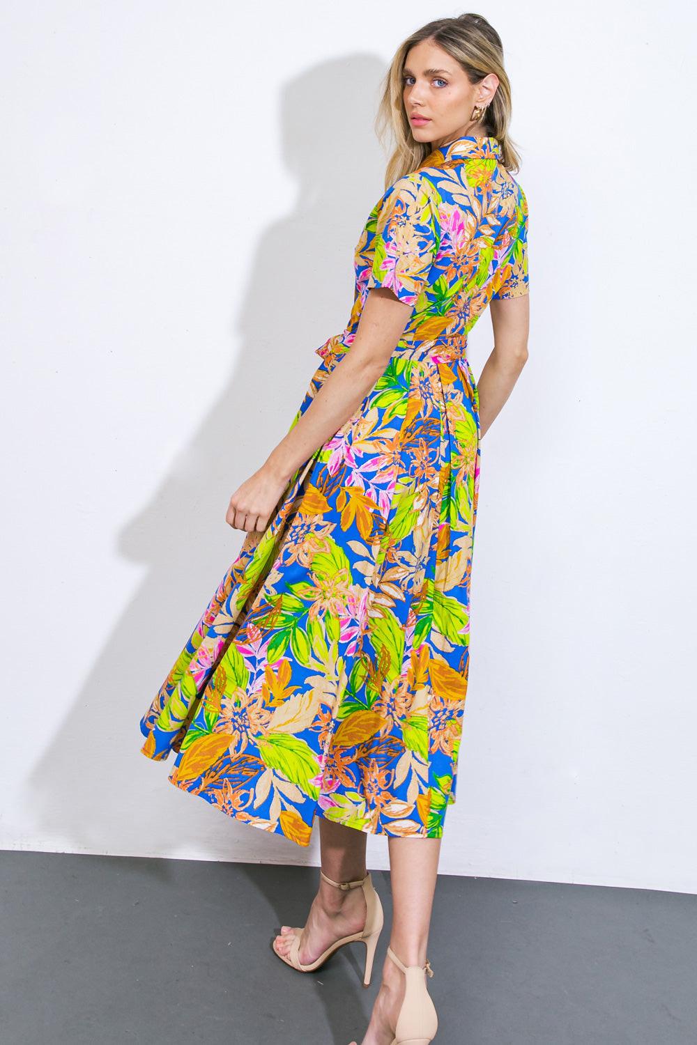 KEEP BLOOMING WOVEN MIDI DRESS.