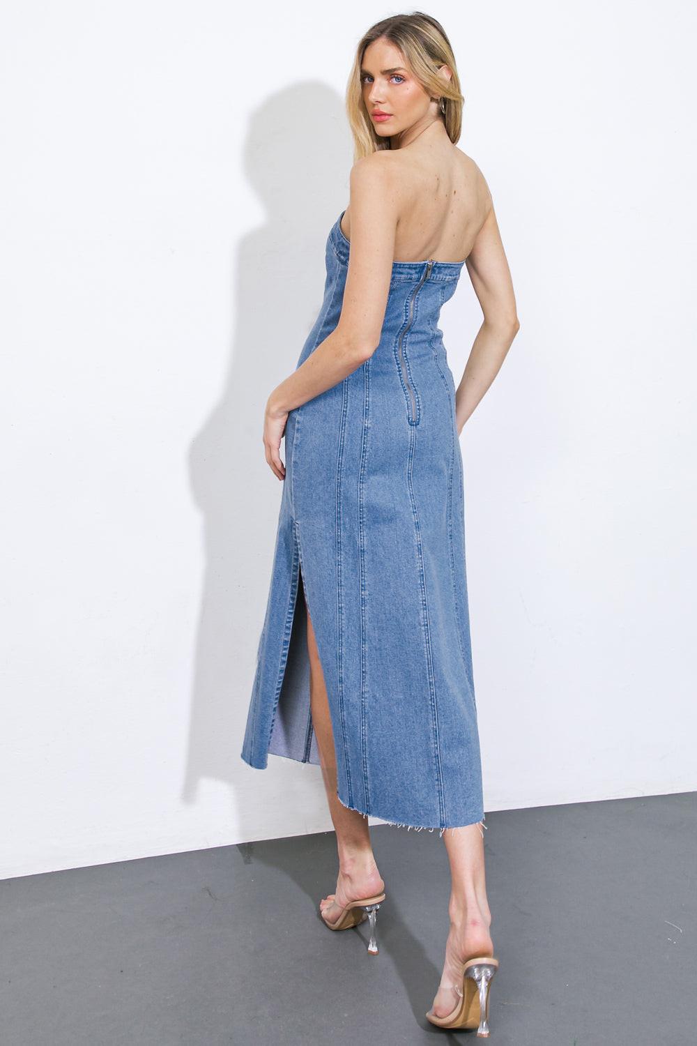 YOU'RE THRIVING DENIM MIDI DRESS.
