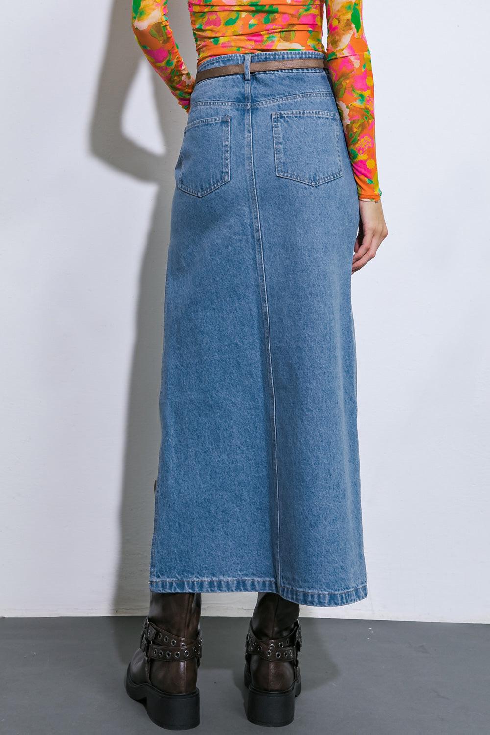 KEEP SHINING DENIM MIDI SKIRT.