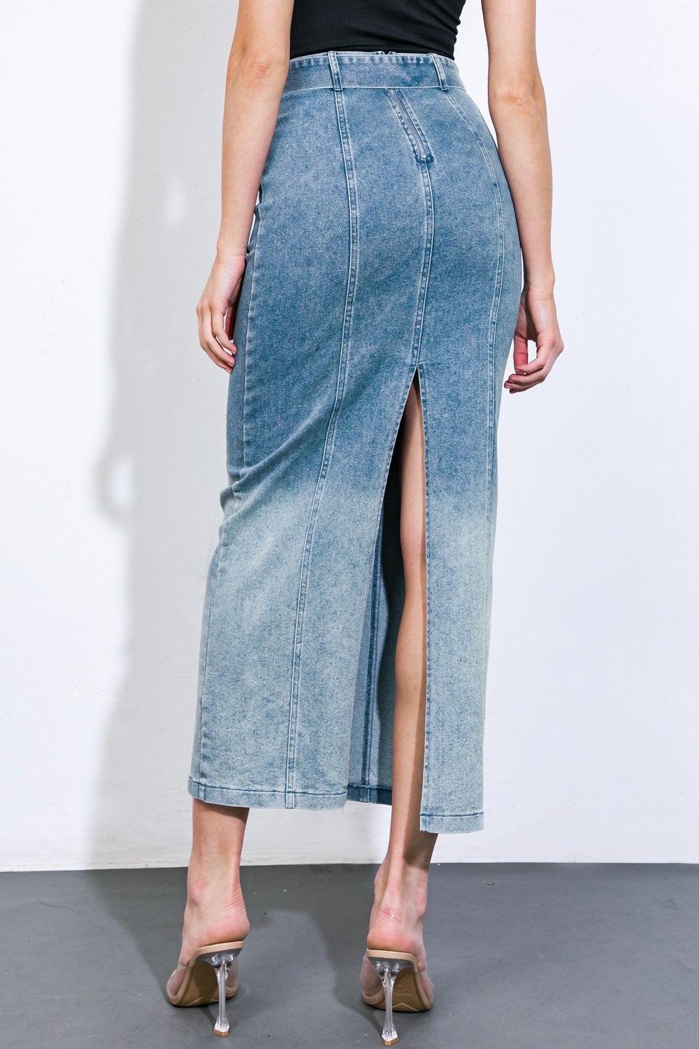 THE GRASS IS GREENER DENIM MIDI SKIRT.
