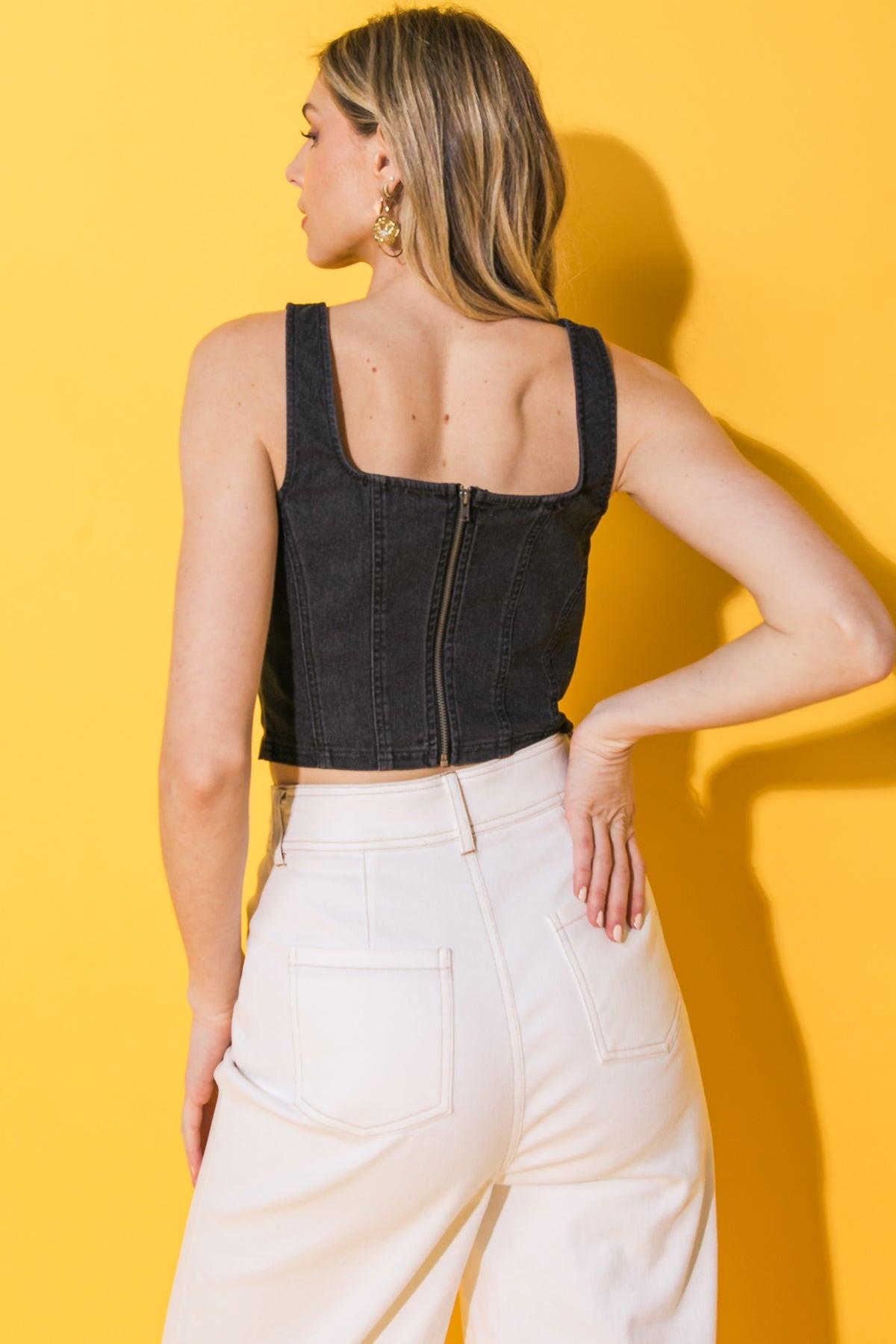 ALL AHEAD DENIM CROP TOP.