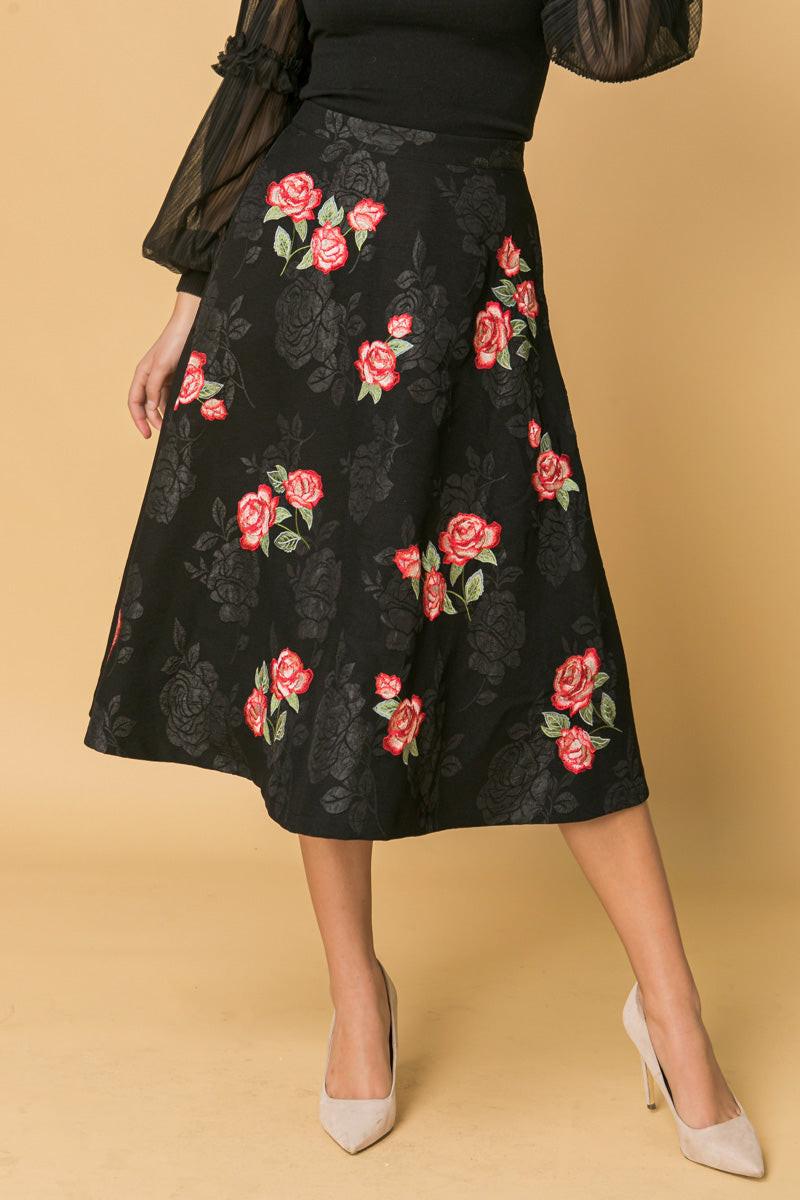 ROSE EMBROIDERY MIDI SKIRT - Flying Tomato - SKIRTS - Champagne & Strawberry