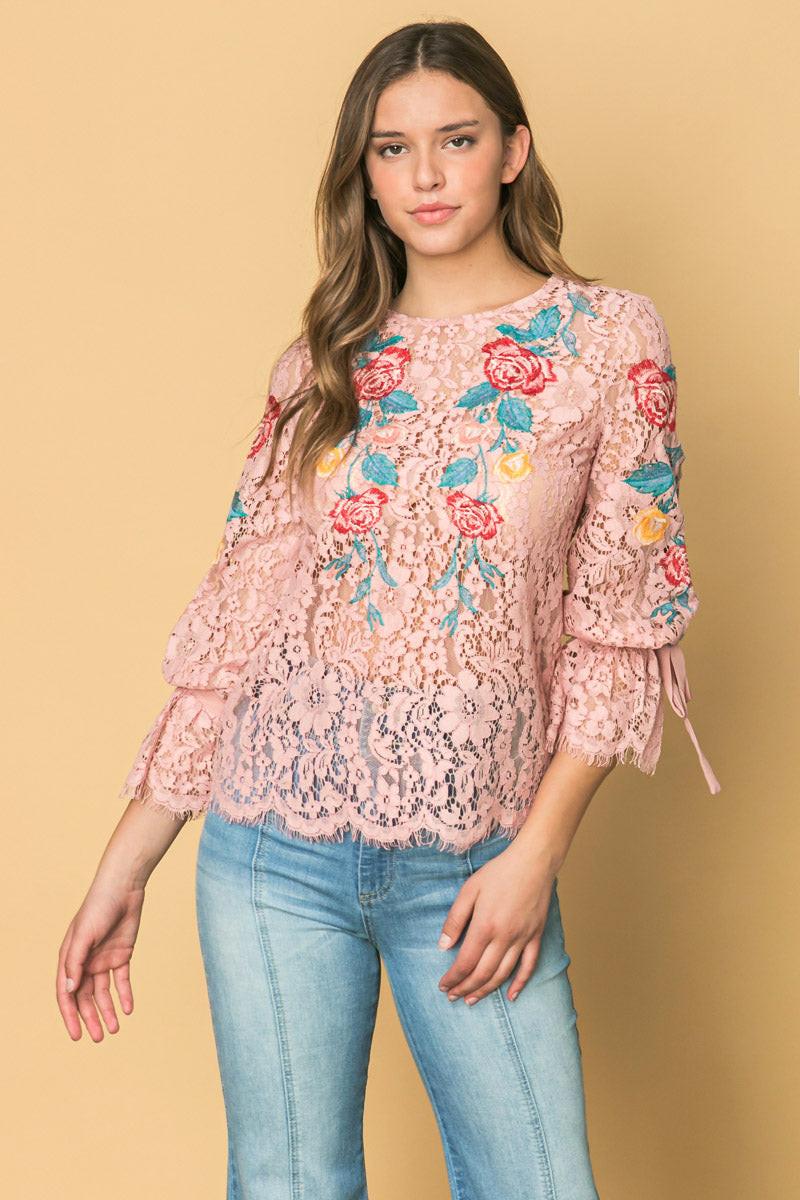 EMBROIDERED LACE TOP - Flying Tomato - TOPS - Champagne & Strawberry