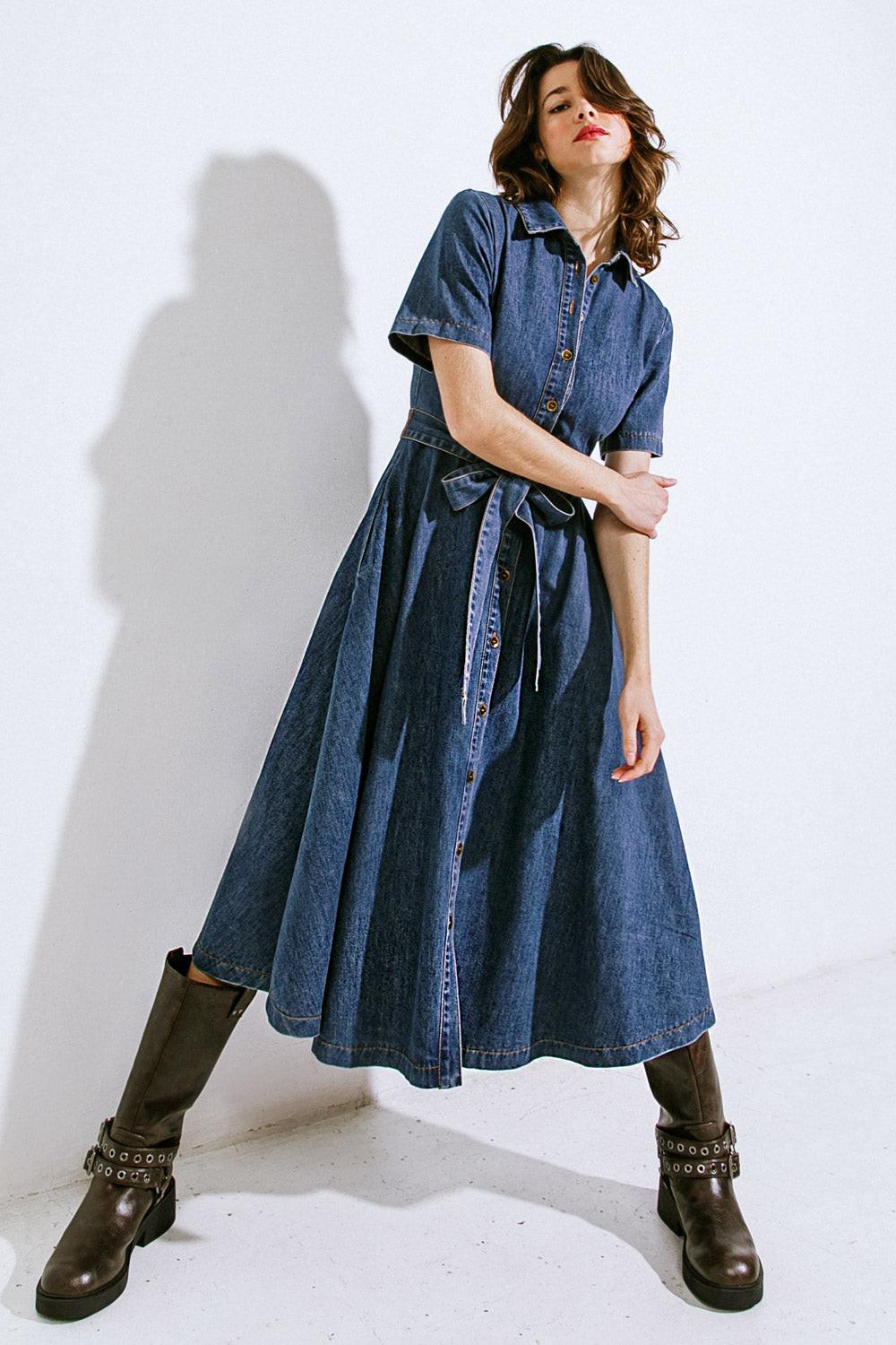 DAY IN THE LIFE DENIM MIDI DRESS.