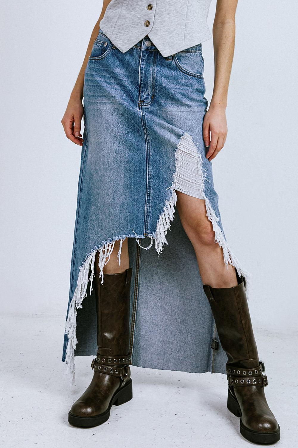 A DISTANT MEMORY DENIM MIDI SKIRT.