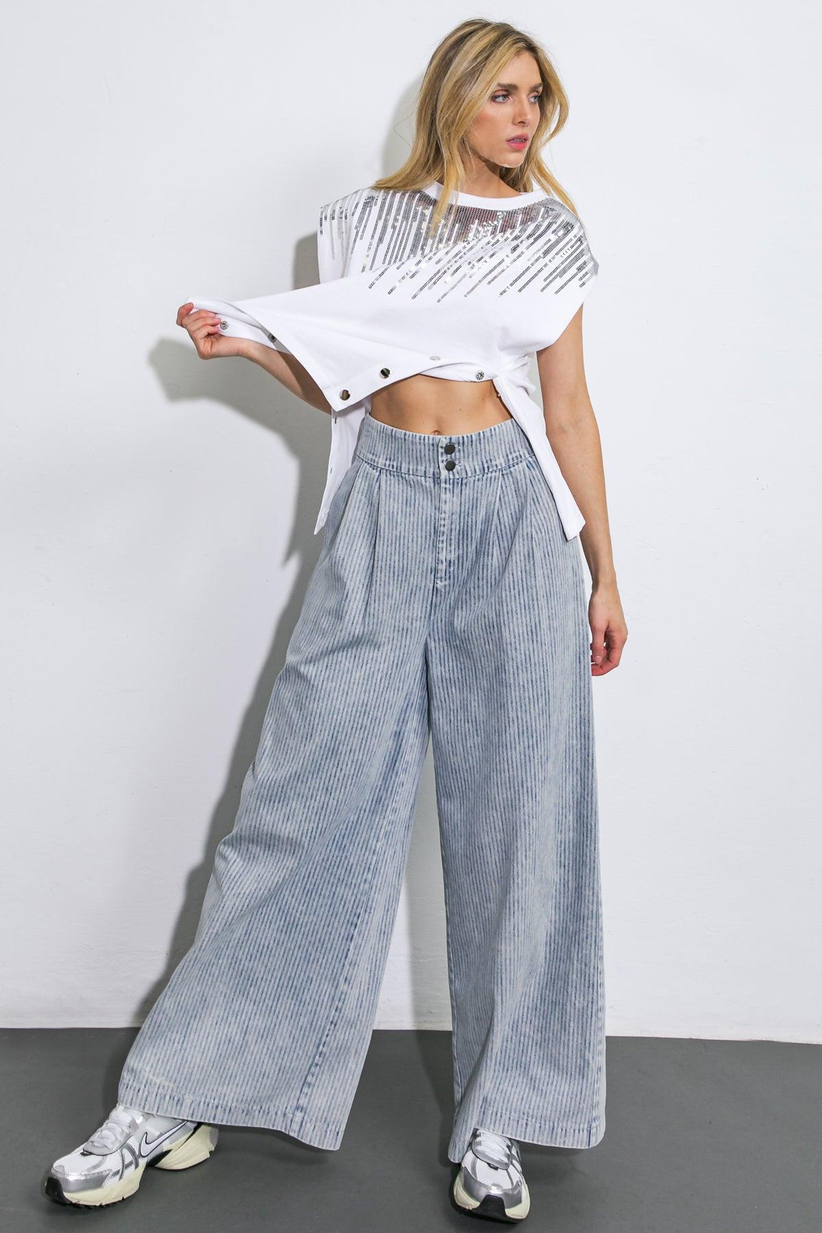 PLAY MY WAY STRIPED DENIM PANTS.