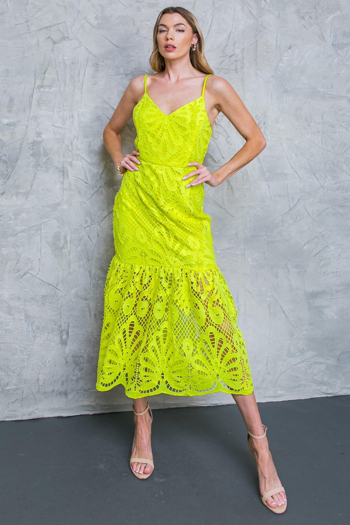 MANHATTAN VILLAGE LACE MIDI DRESS L FLYING TOMATO NEON YELLOW / L MANHATTAN VILLAGE LACE MIDI DRESS L FLYING TOMATO NEON YELLOW / L