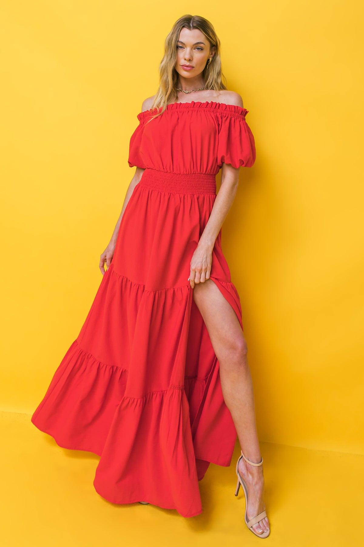 This OUT IN THE COUNTRY WOVEN MAXI DRESS is absolutely perfect for summer days. It is made with a reliable woven fabric and features a flattering off the shoulder neckline, a smocked waist, and a tiered skirt. The dress’s ruffled edge adds an extra touch of femininity. Enjoy the sun in comfort and style.