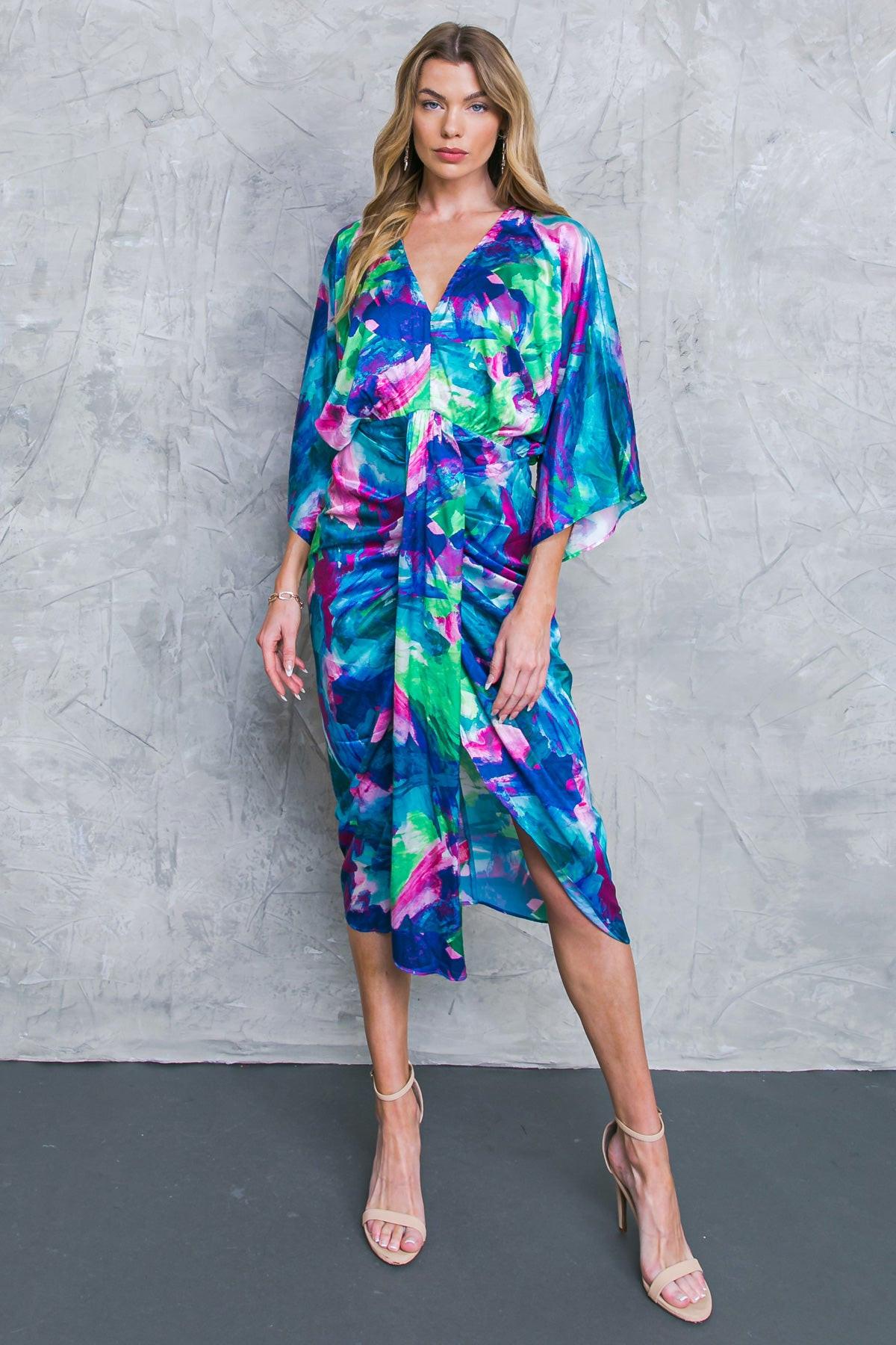ON THE HORIZON WOVEN SATIN MIDI DRESS.
