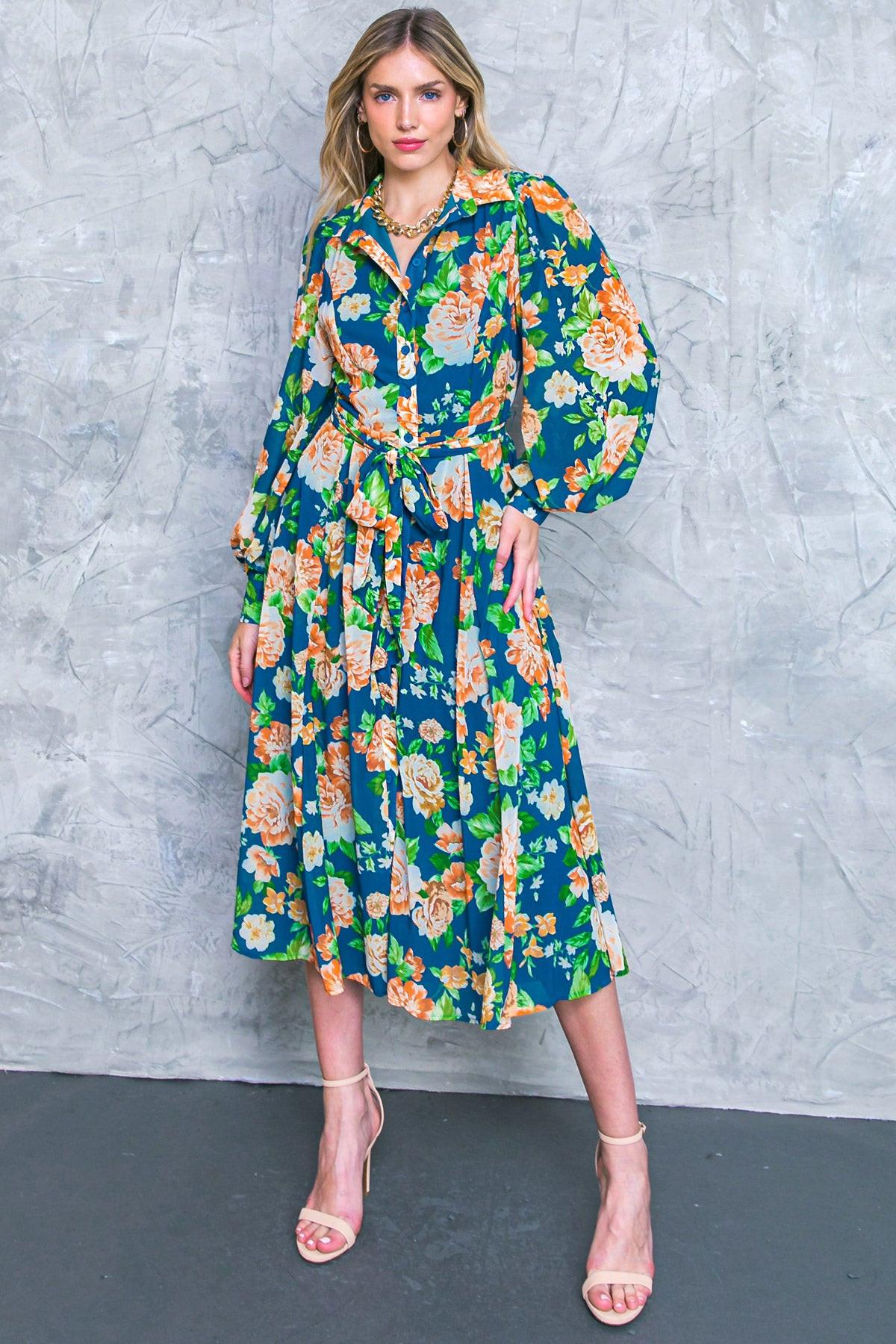 BUBBLY BLISS WOVEN MIDI SHIRT DRESS.