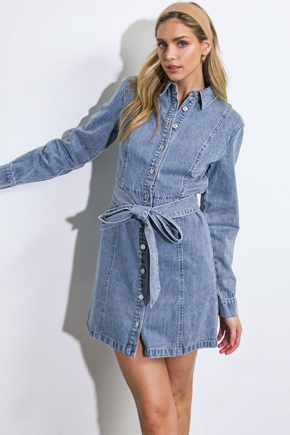 BE A LIGHT DENIM MINI DRESS.