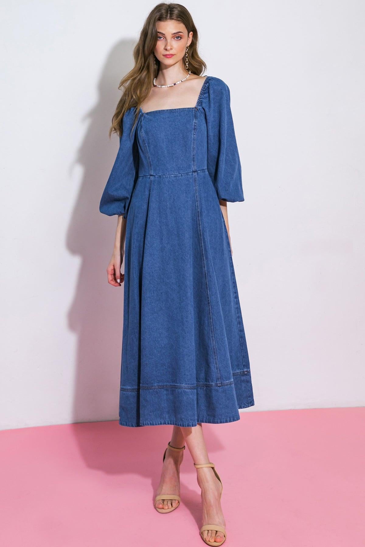 FEELIN'S GROOVY DENIM MIDI DRESS.