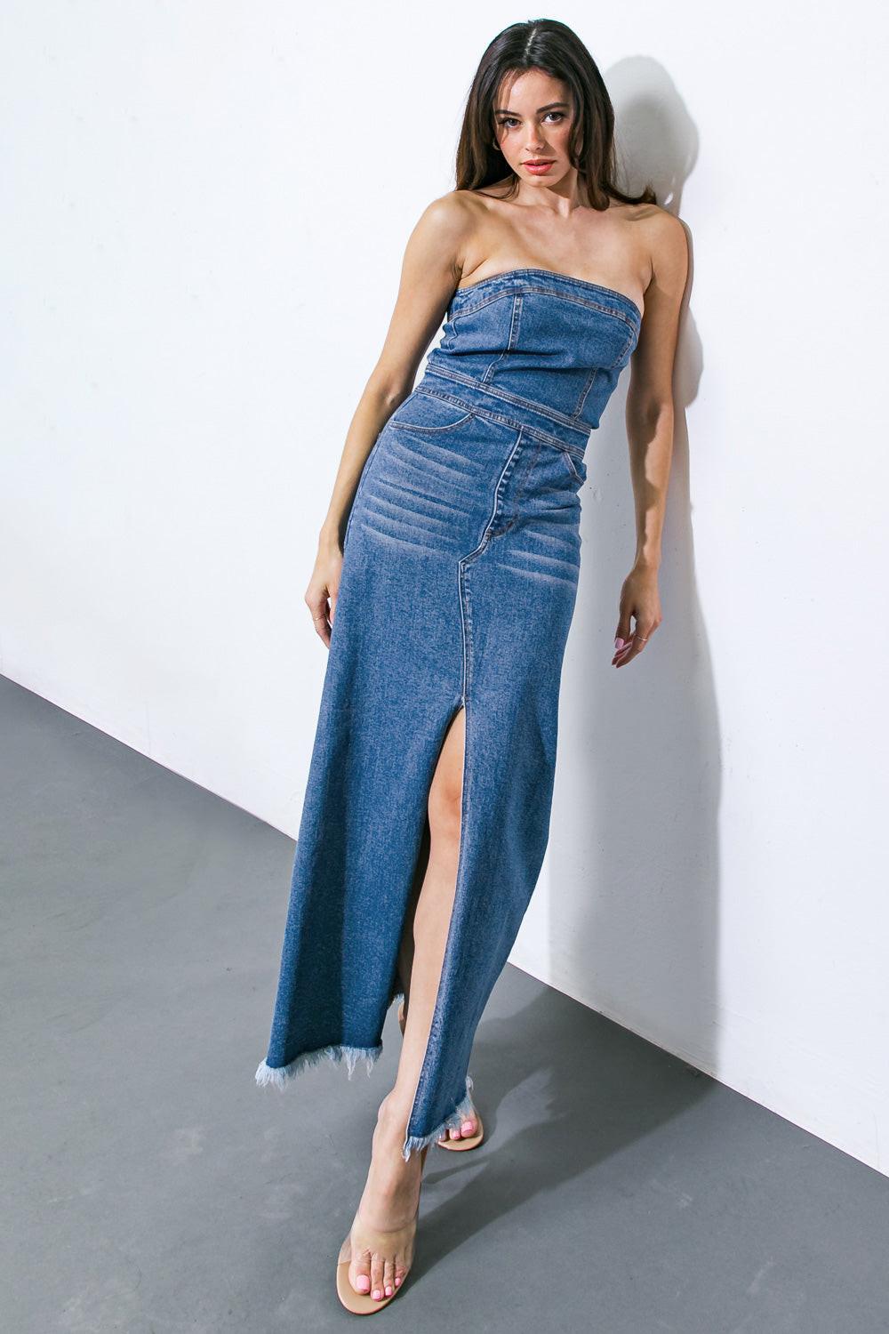 DREAMS COME TRUE DENIM MIDI DRESS.