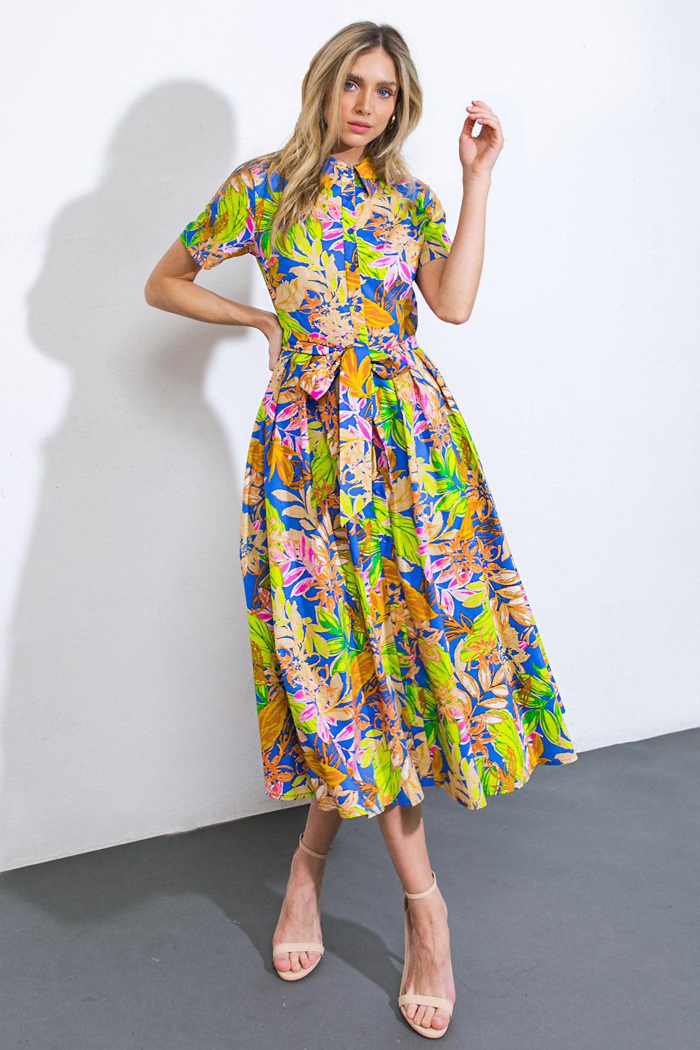 KEEP BLOOMING WOVEN MIDI DRESS.
