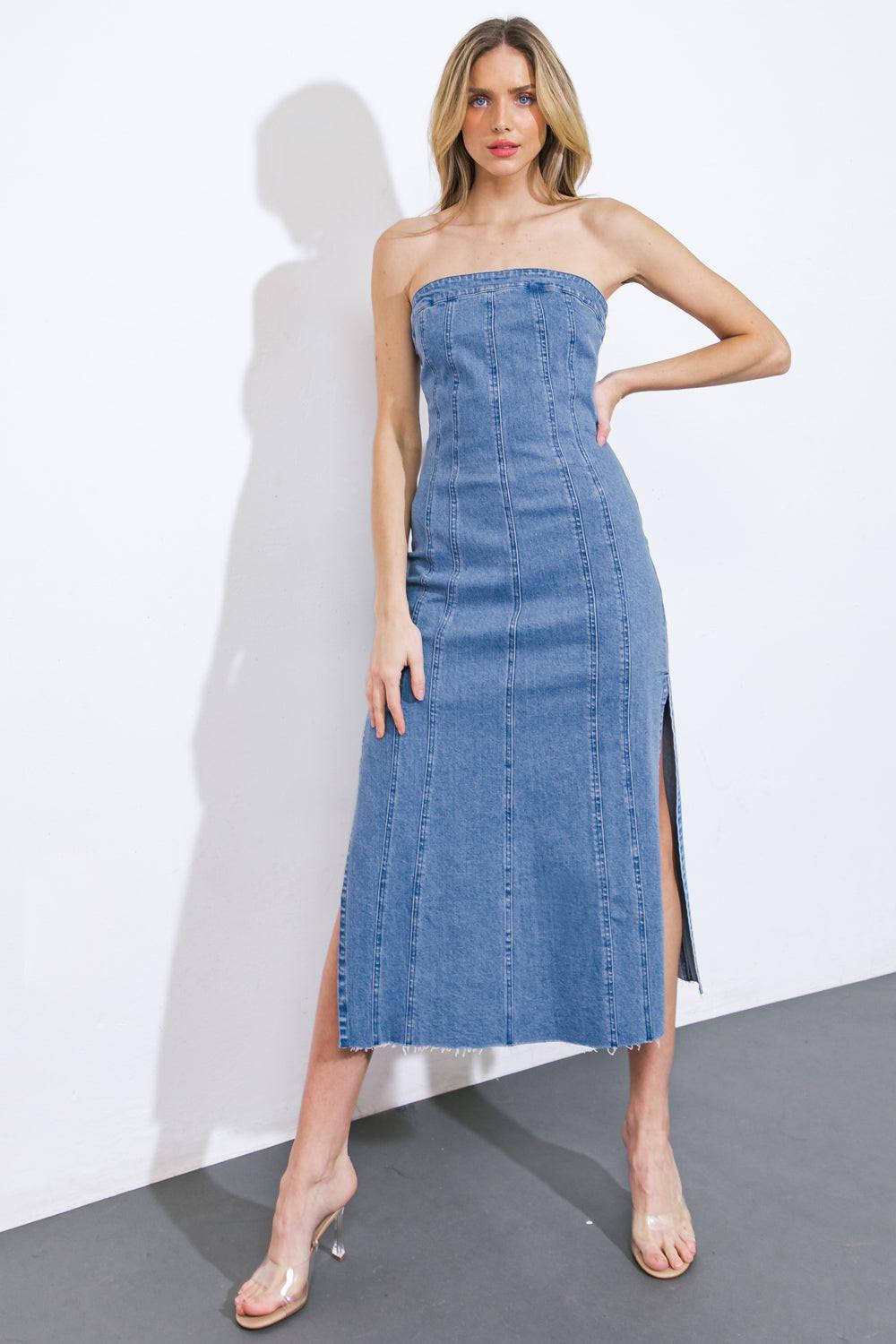 YOU'RE THRIVING DENIM MIDI DRESS.