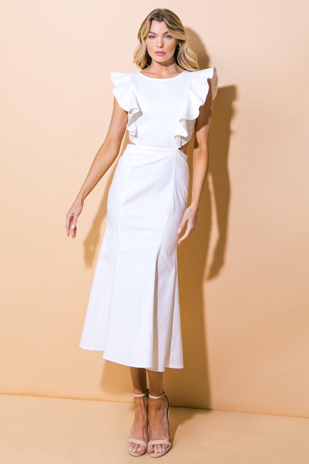 CATCH THE BOUQUET TWILL MIDI DRESS.
