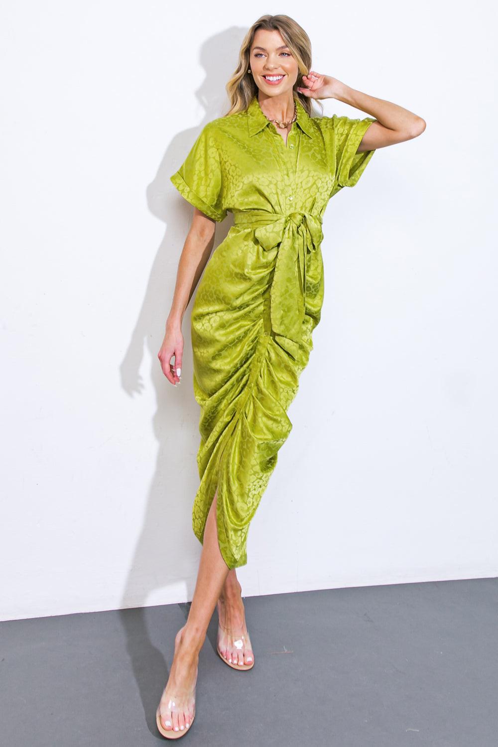 COMING TO MY SENSES WOVEN SATIN MIDI DRESS.