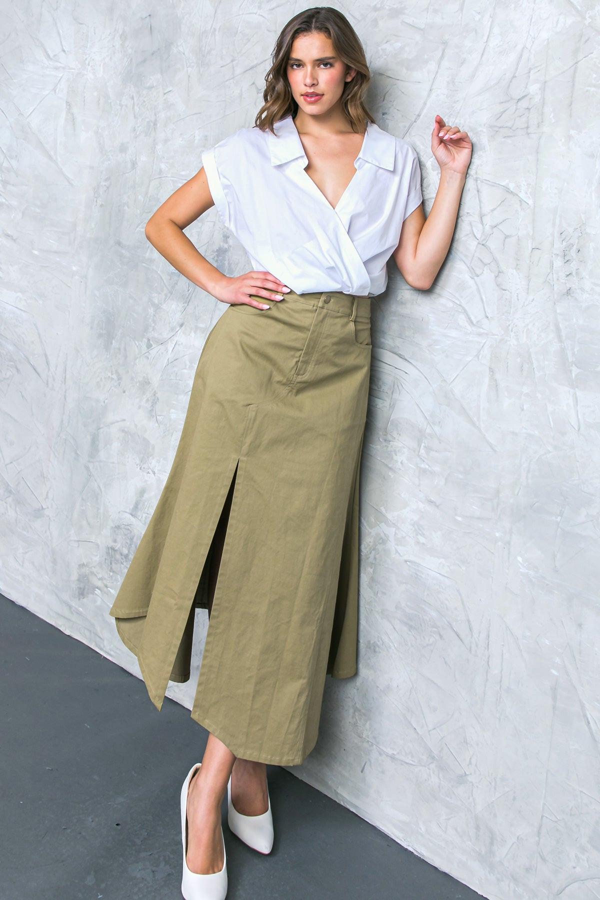 COMPLETE CRUSH TWILL MIDI SKIRT.