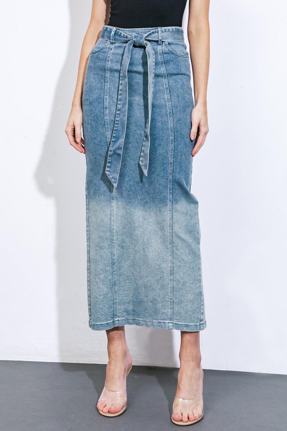 THE GRASS IS GREENER DENIM MIDI SKIRT.