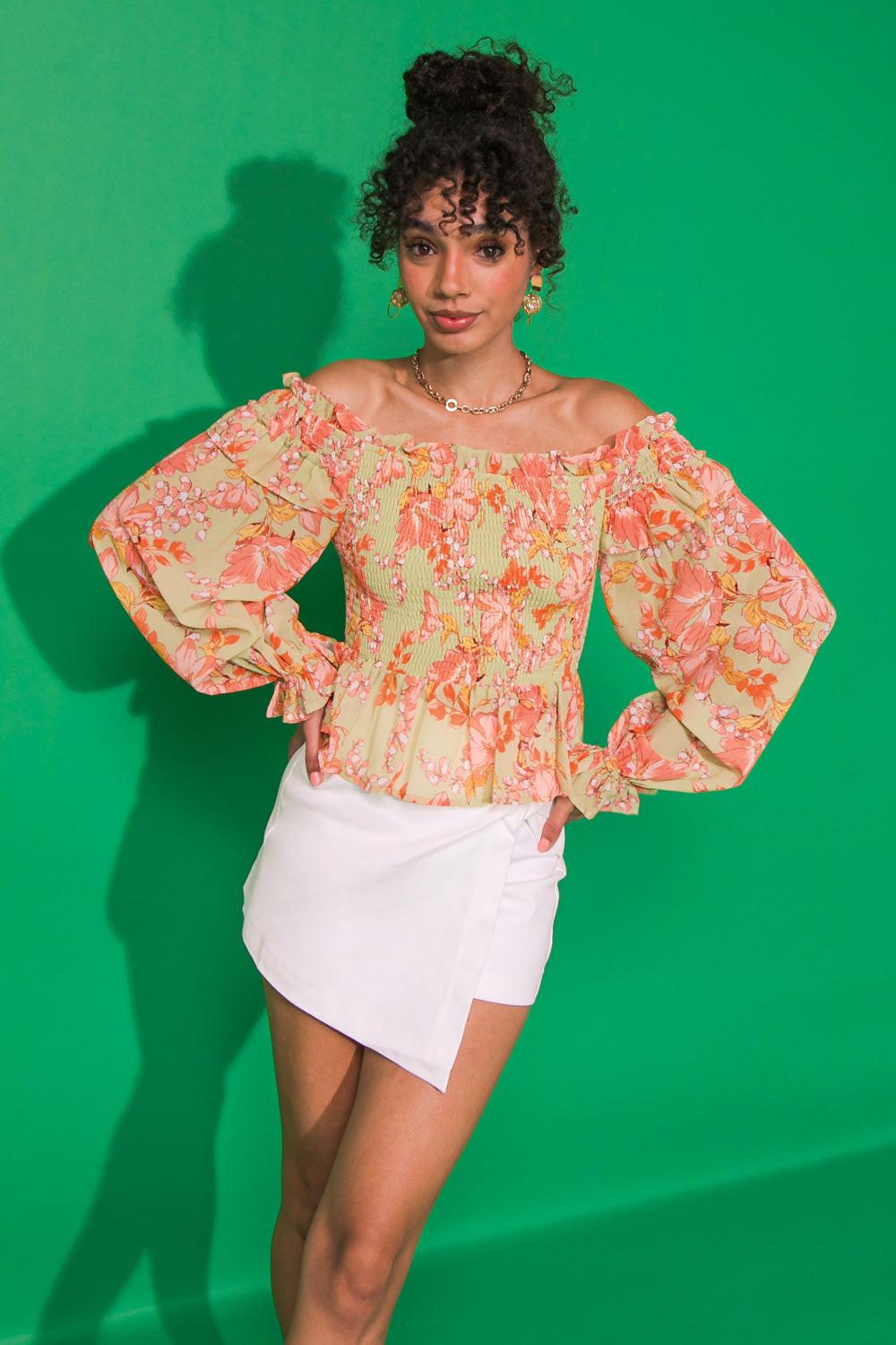 FEELS LIKE FATE WOVEN OFF SHOULDER TOP.