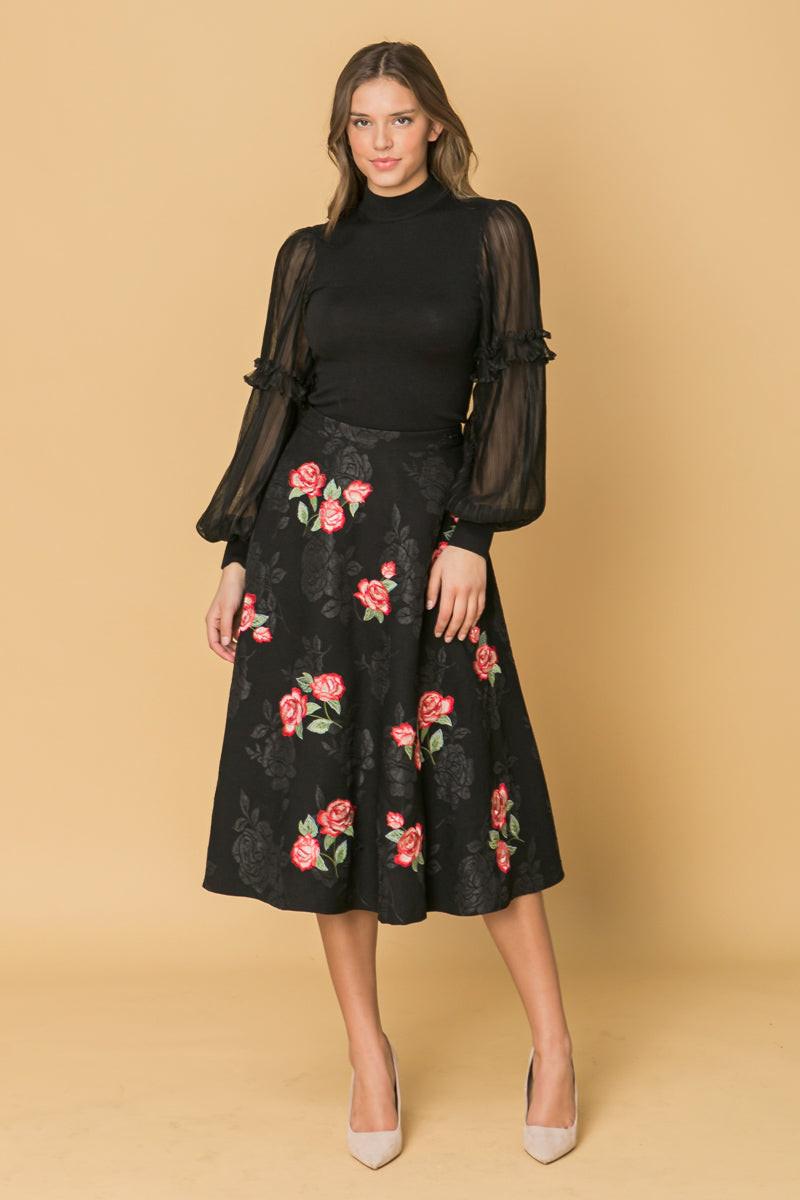 ROSE EMBROIDERY MIDI SKIRT - Flying Tomato - SKIRTS - Champagne & Strawberry