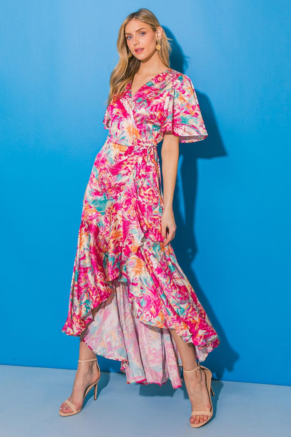 CAUSE TO CELEBRATE HI-LO SATIN MAXI DRESS.