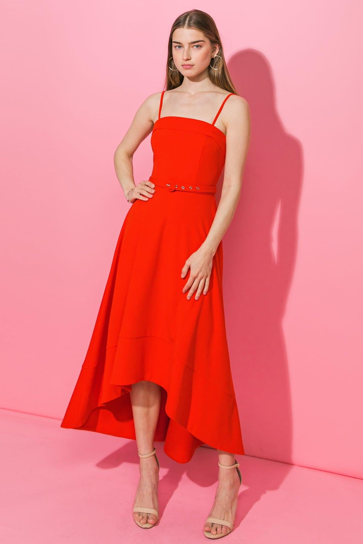 WATCH ME GO WOVEN HI-LO DRESS.