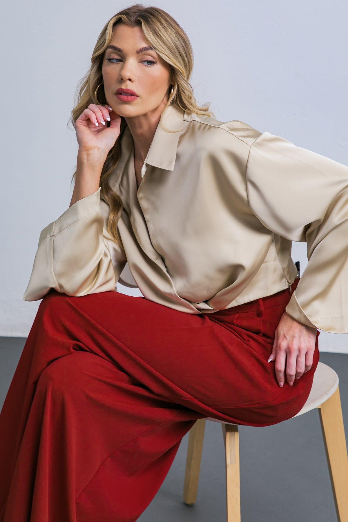 POWERFUL CHARM WOVEN SATIN TOP.